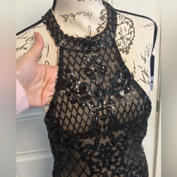 Privy Sequin Mesh Bodycon Prom Dress Black/Nude Halter Size M - Picture 4 of 12